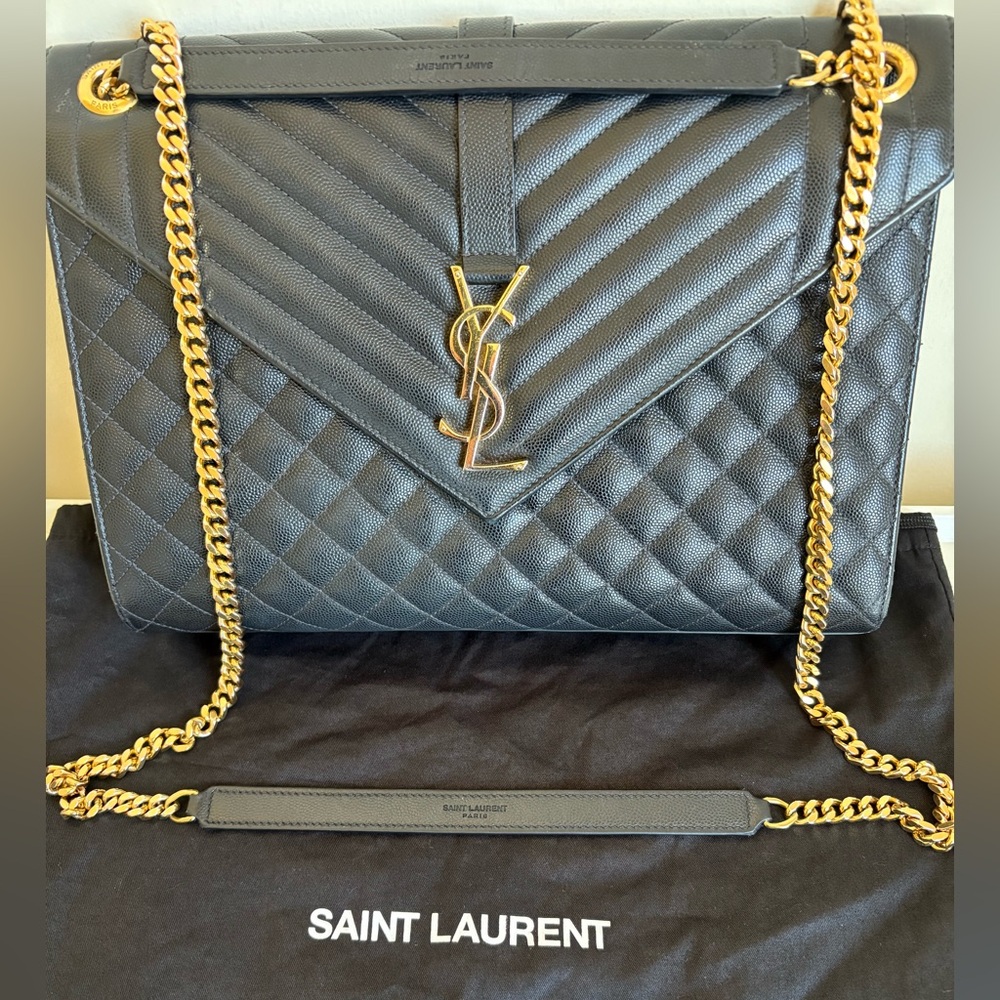 Saint Laurent Envelope Triquilt Large YSL Shoulder Bag in Grained Leather